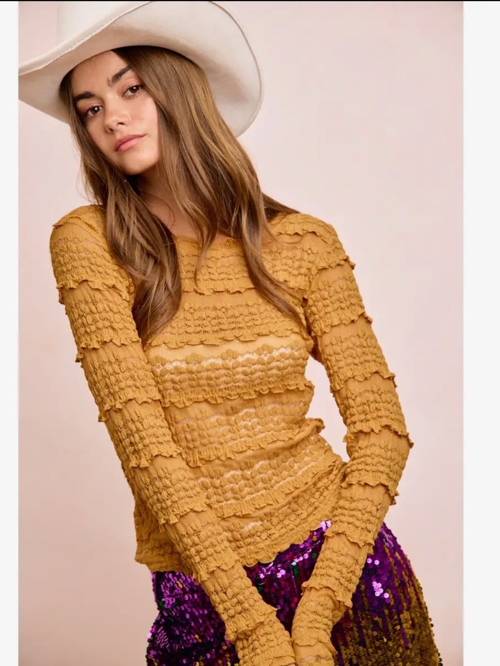 285. BiBi Mustard Ruffle & Lace Sheer Long Sleeve Top - Picture 2 of 3